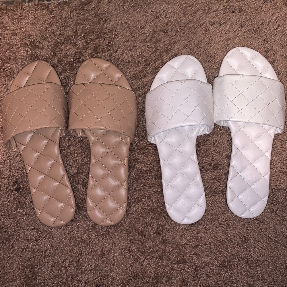 A tan and a white flat sandal